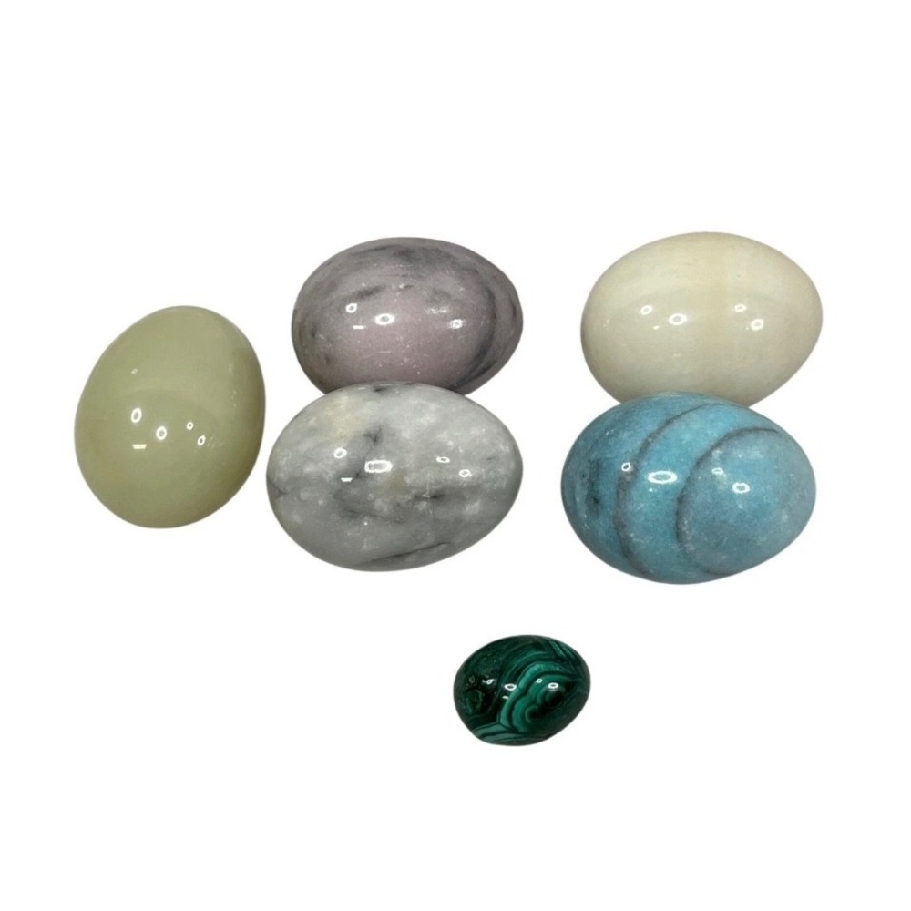 Natural Polished Gemstone Egg Collection Set of 6 Malachite Marbled Stone Decor - Picture 5 of 7